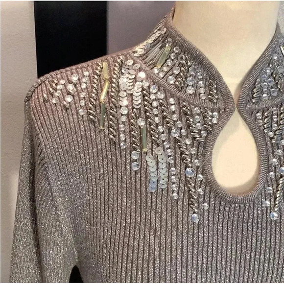 Y2K McBling Indie Sleaze Silver Rhinestone Keyhole Neck Sweater XL - Picture 6 of 10